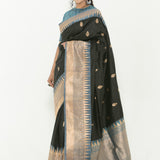 Black and Grey Pure Katan Banarasi Silk Saree - Front
