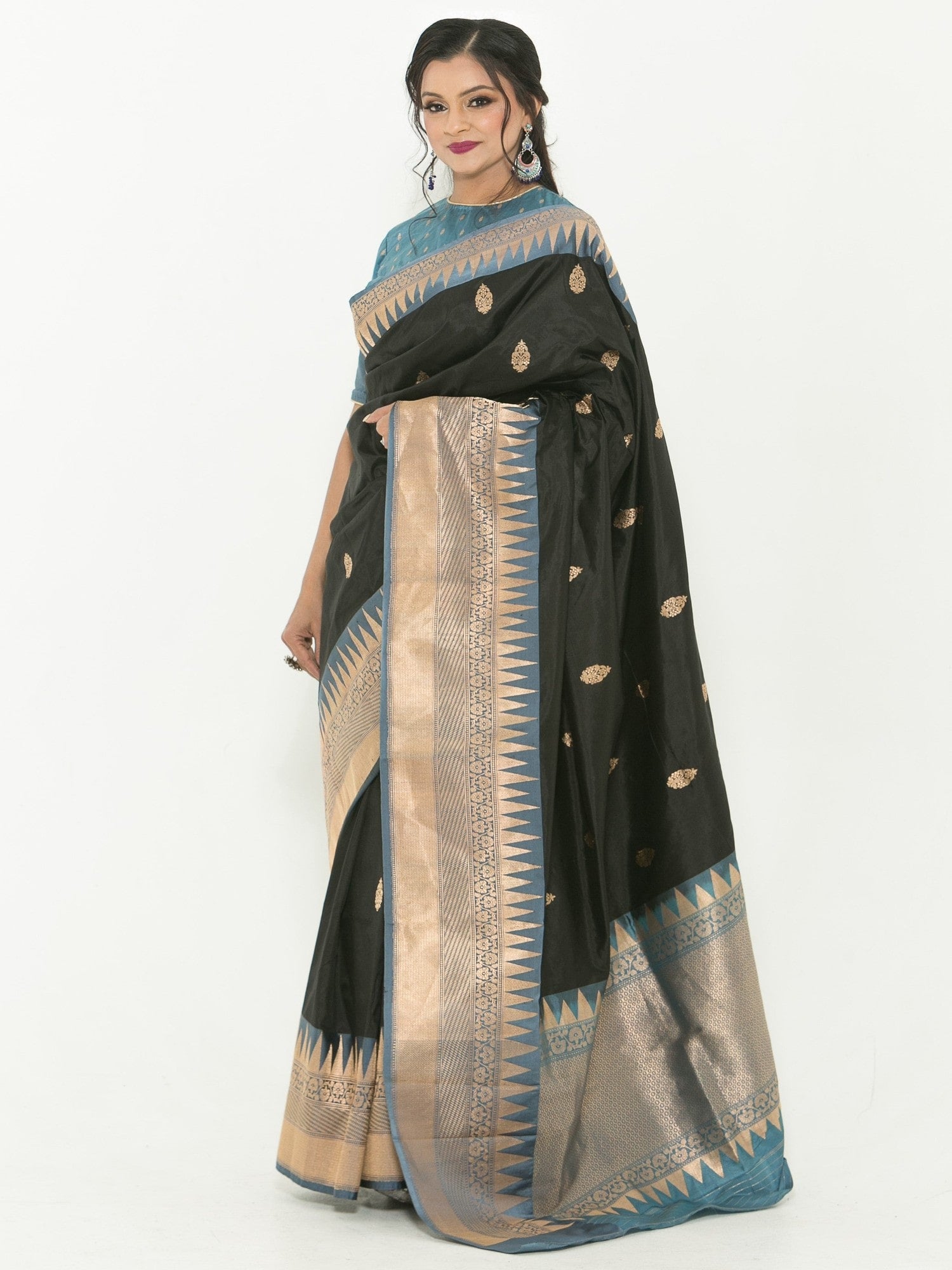 Black and Grey Pure Katan Banarasi Silk Saree - Front
