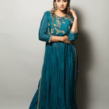 Teal Blue Long Kurti with Embroidery Work and Palazzo Pants - Anvi Couture