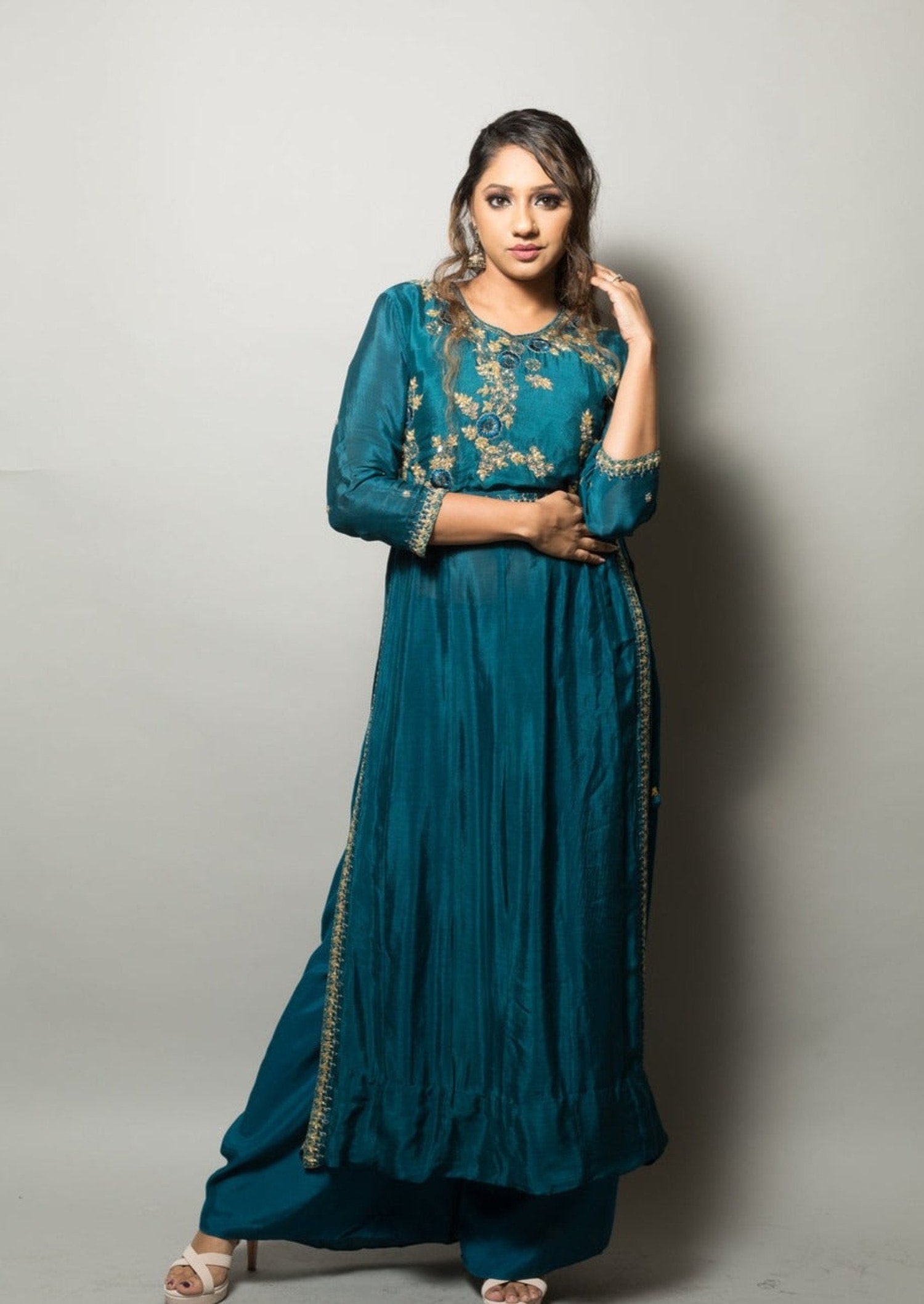 Teal Blue Long Kurti with Embroidery Work and Palazzo Pants - Anvi Couture