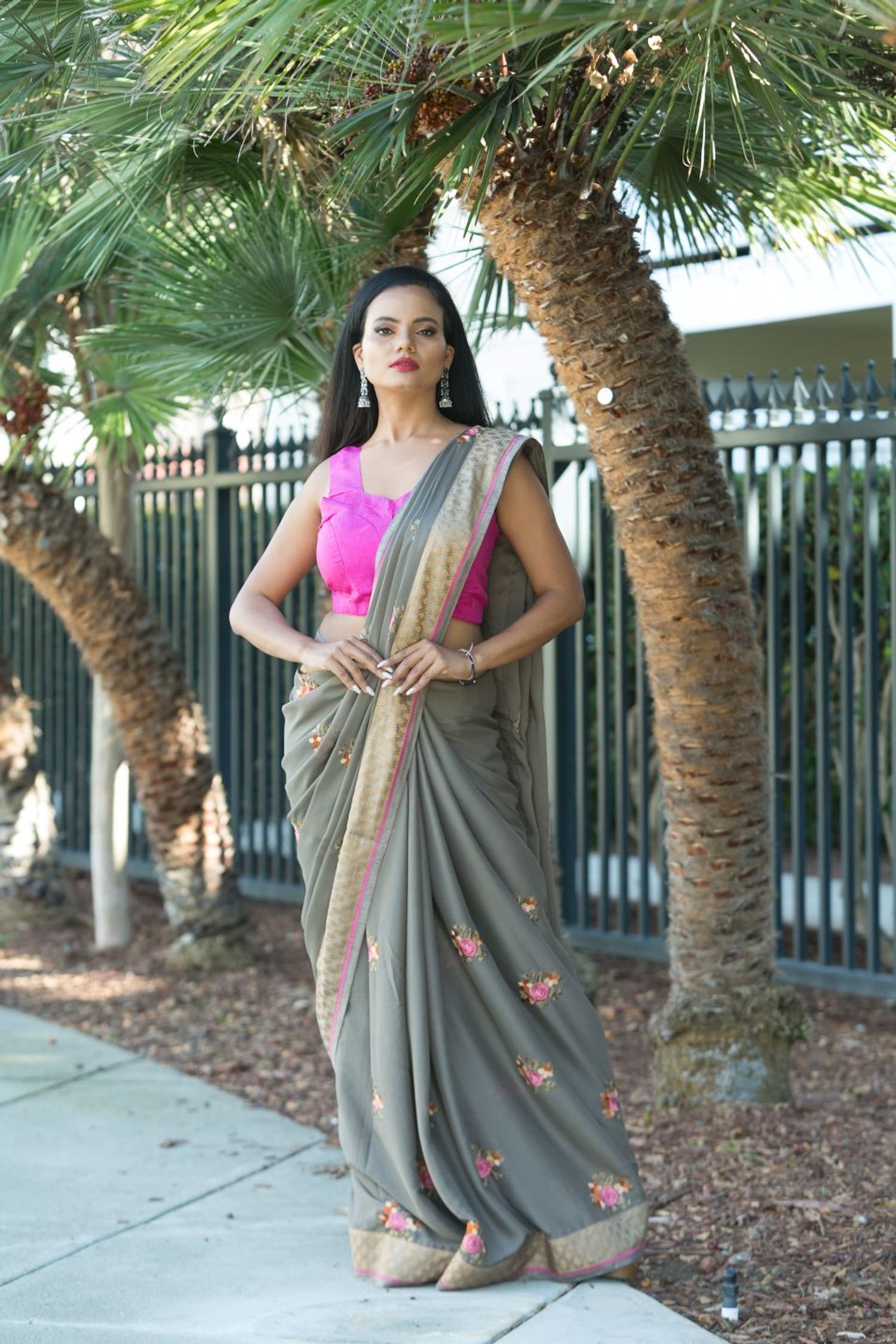 Grey Chiffon Saree with Intricate Embroidery Work - Anvi Couture