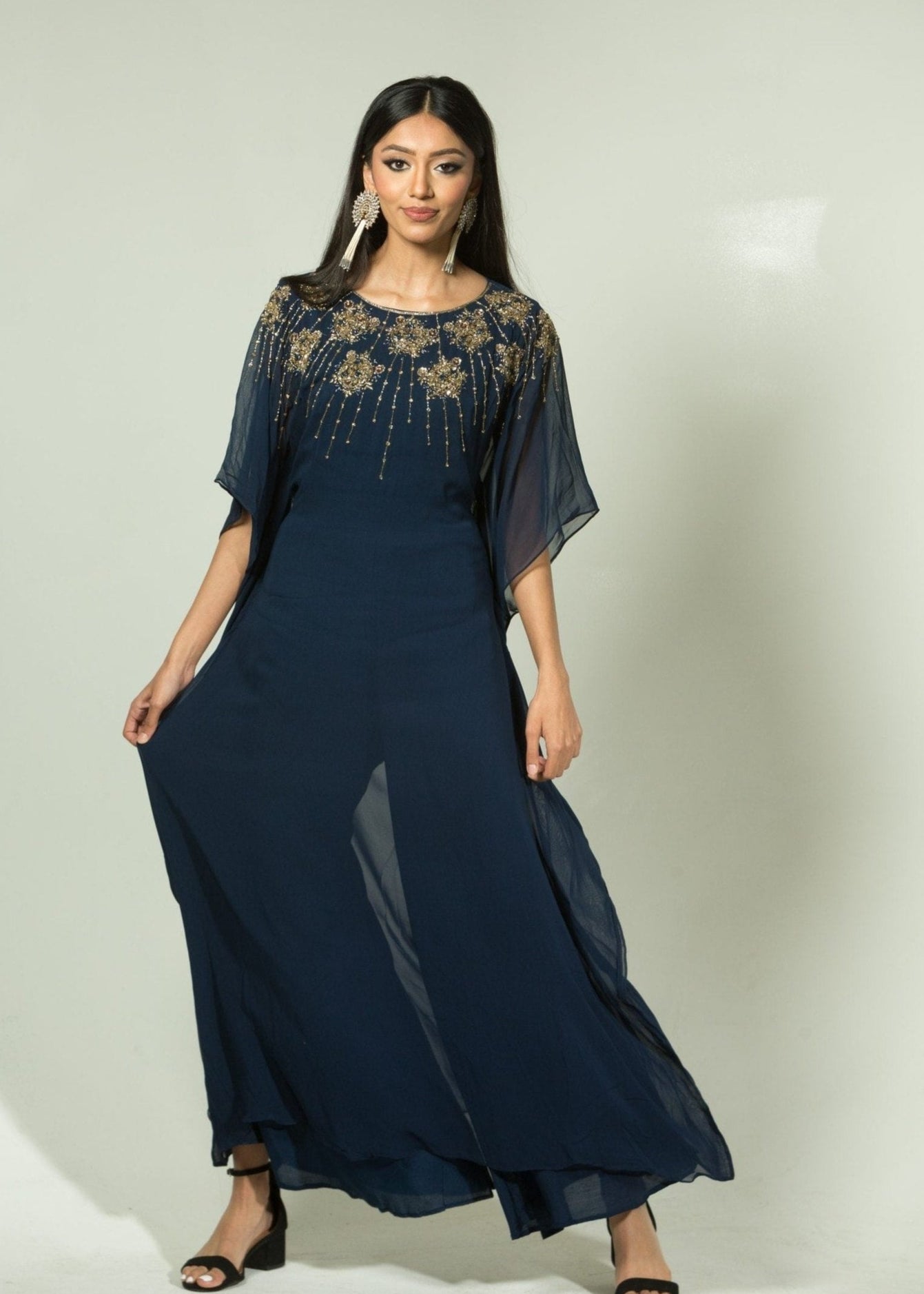 Blue Georgette Kaftan Kurti and Palazzo Pants with Embroidery Work - Anvi Couture