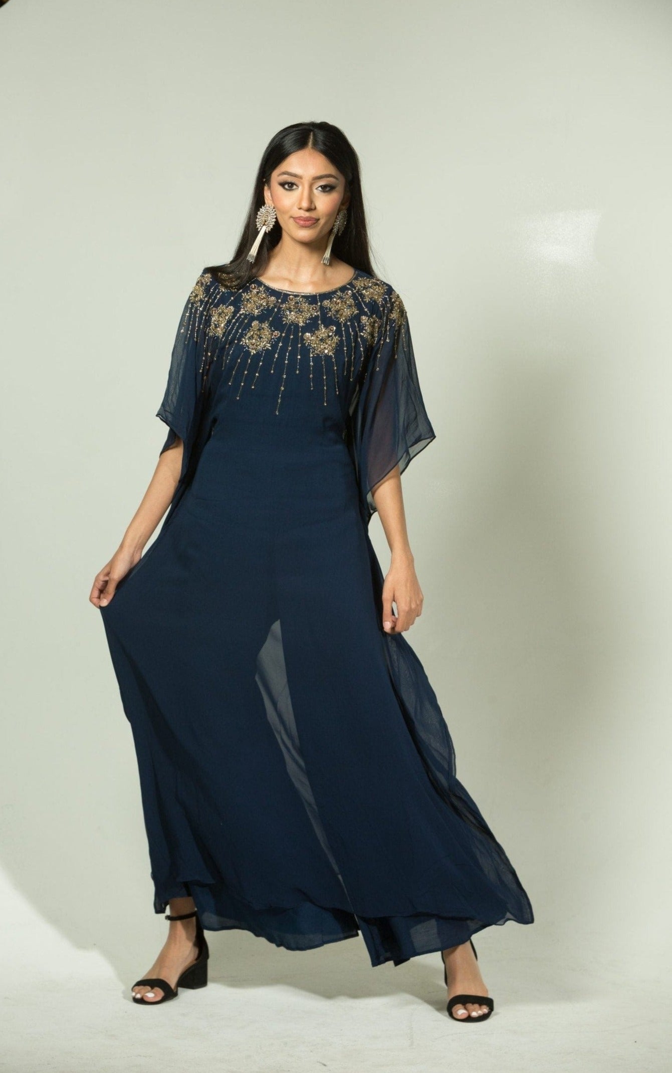 Blue Georgette Kaftan Kurti and Palazzo Pants with Embroidery Work - Anvi Couture