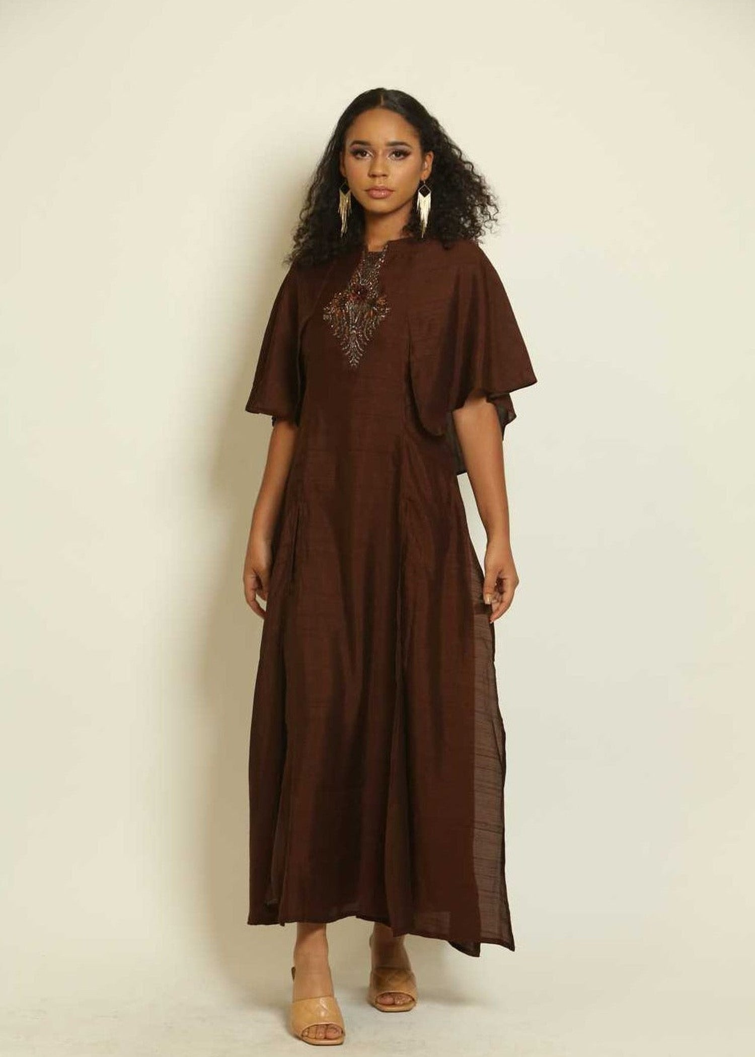 Brown Embroidered Two-Piece Dress - Anvi Couture