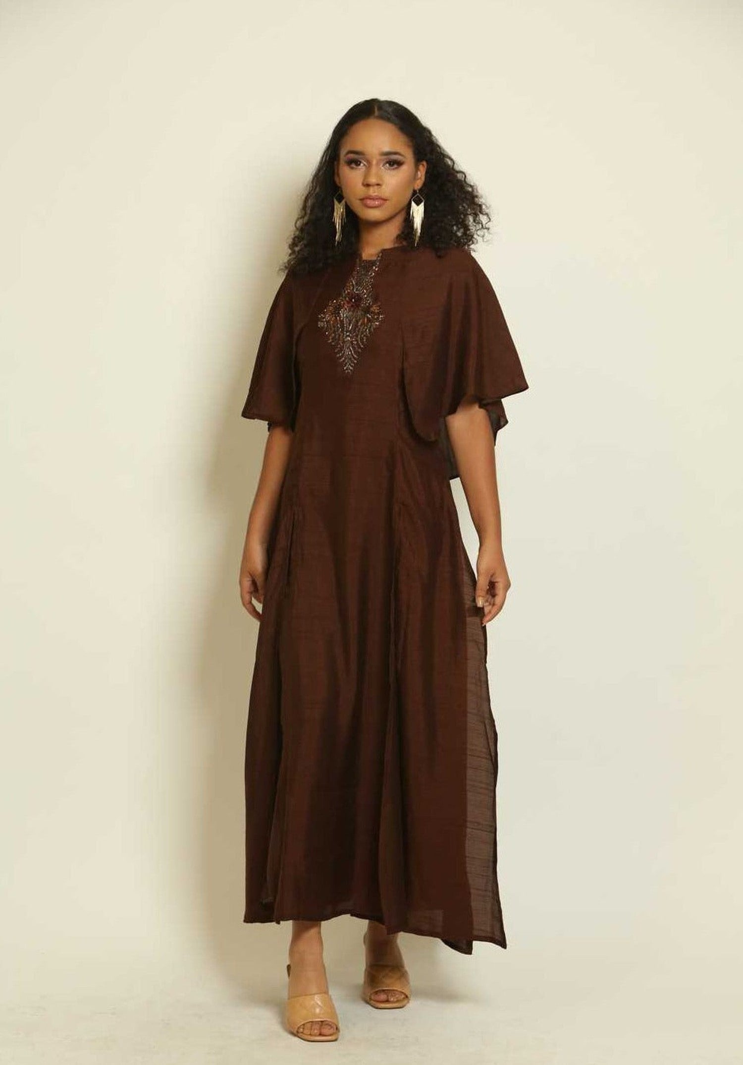 Brown Embroidered Two-Piece Dress - Anvi Couture
