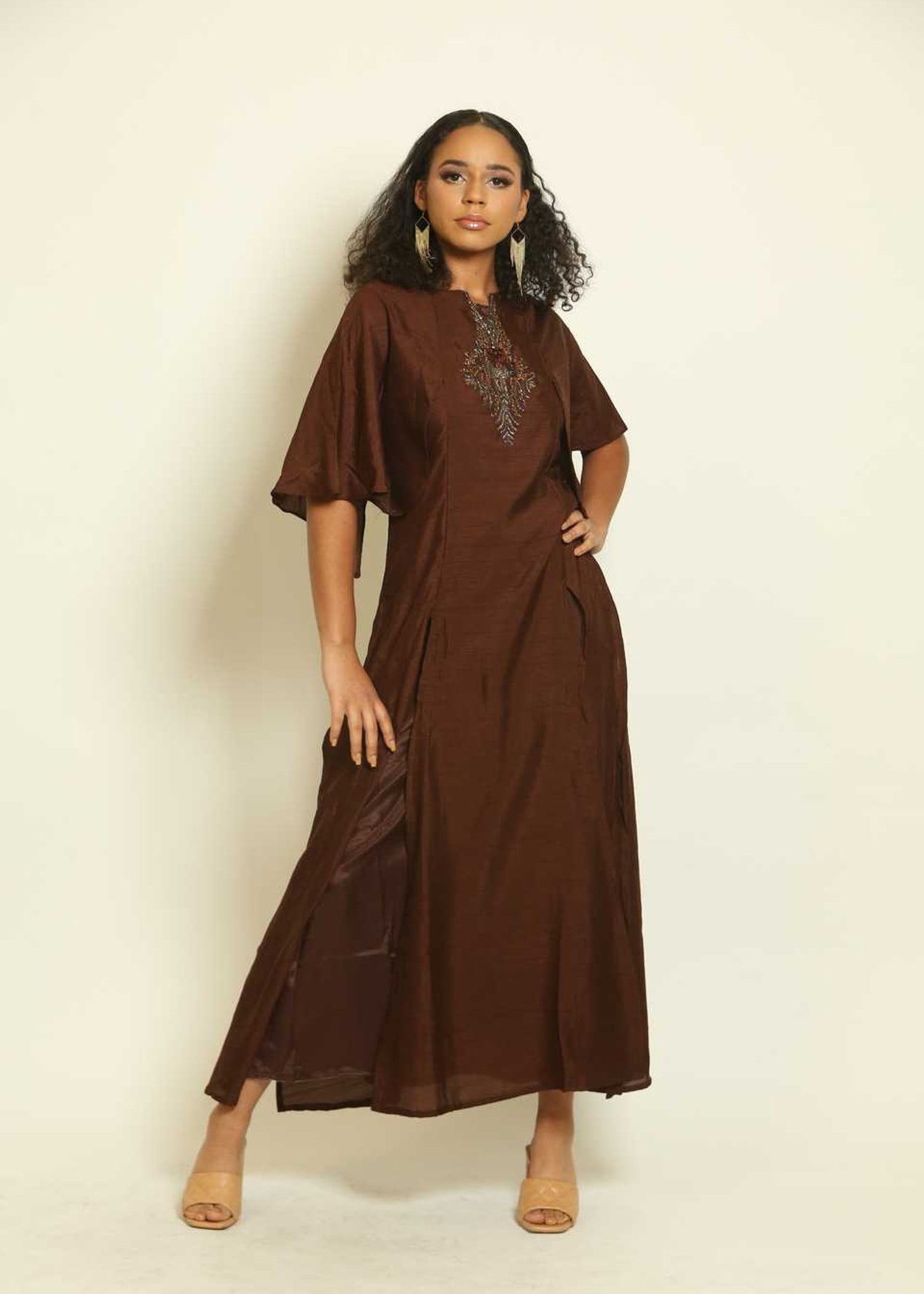 Brown Embroidered Two-Piece Dress - Anvi Couture