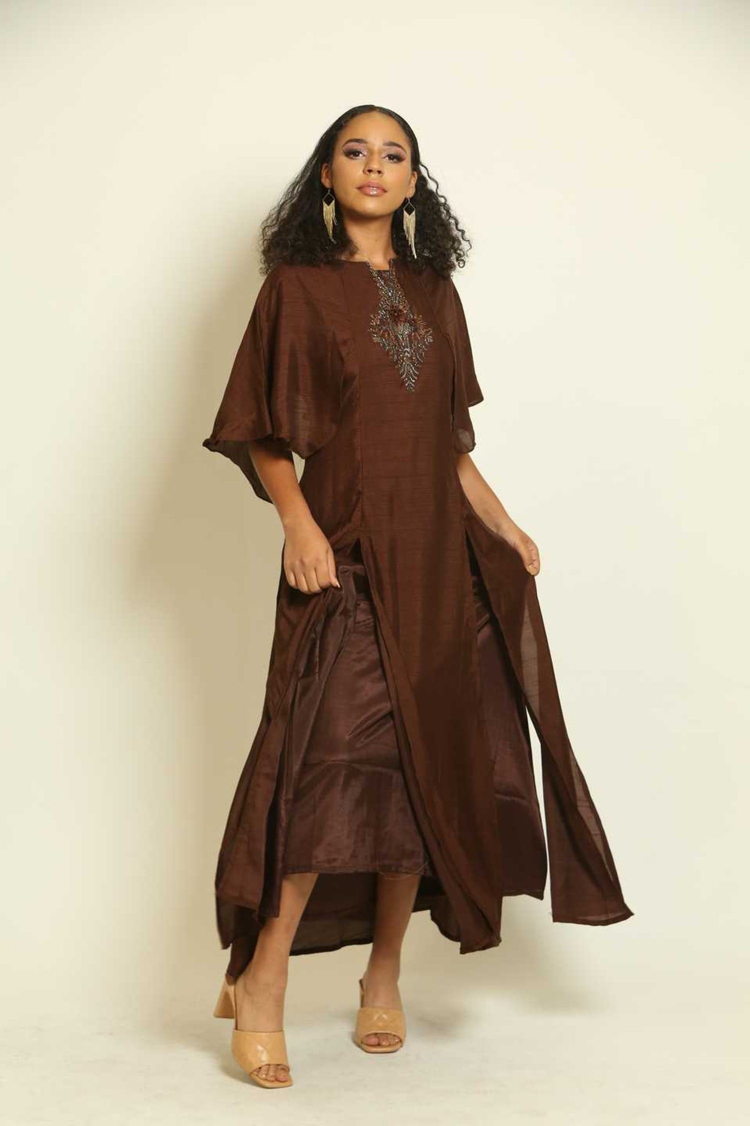 Brown Embroidered Two-Piece Dress - Anvi Couture