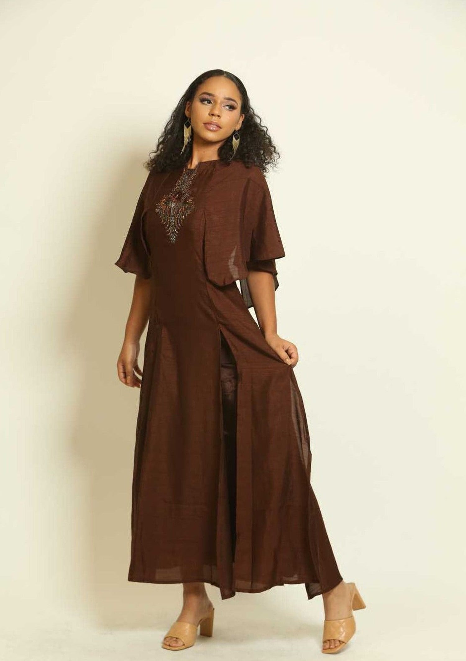 Brown Embroidered Two-Piece Dress - Anvi Couture