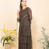 Brown Designer Layered Dress with Sequin and Embroidery Work - Anvi Couture