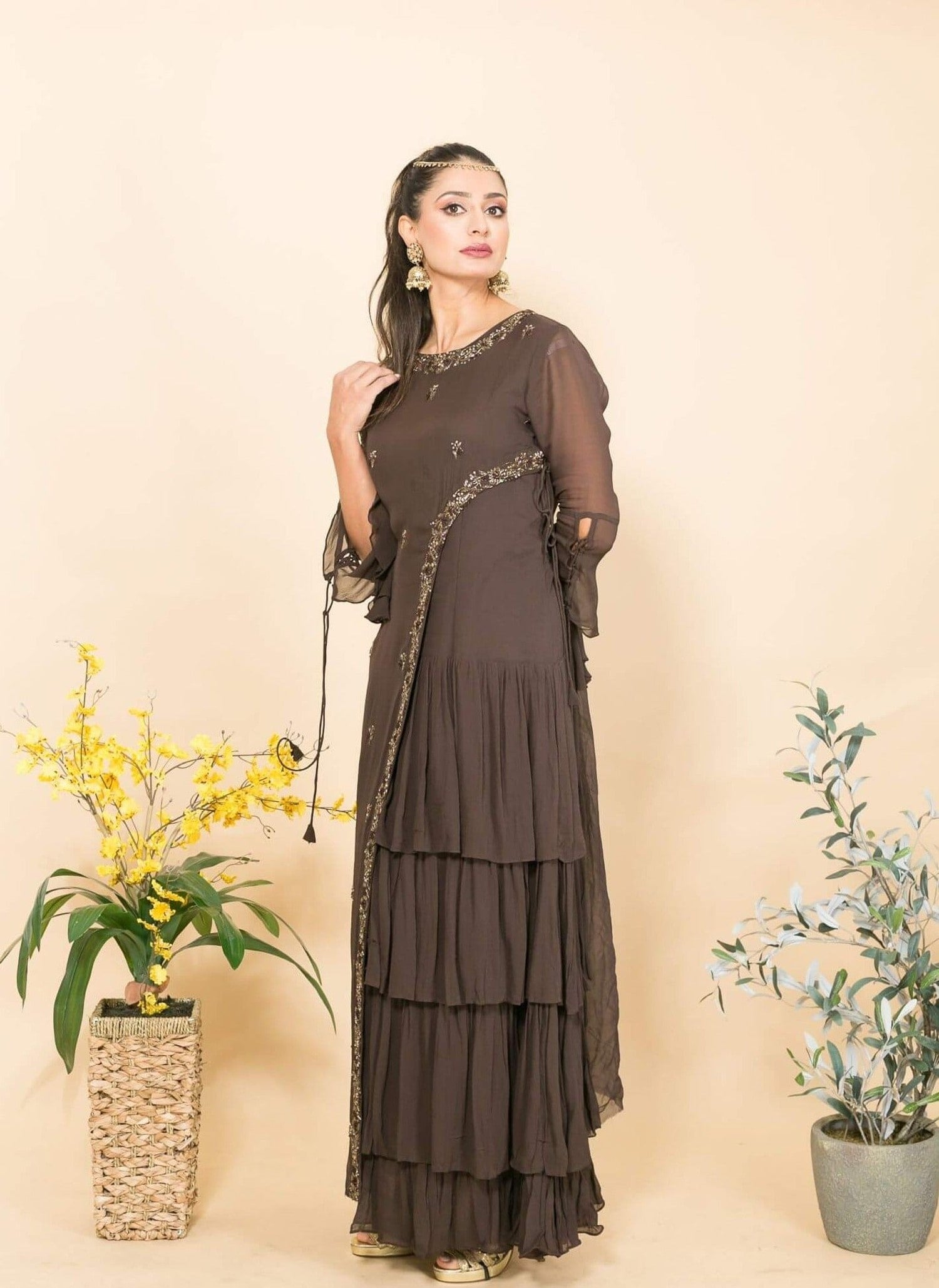 Brown Designer Layered Dress with Sequin and Embroidery Work - Anvi Couture