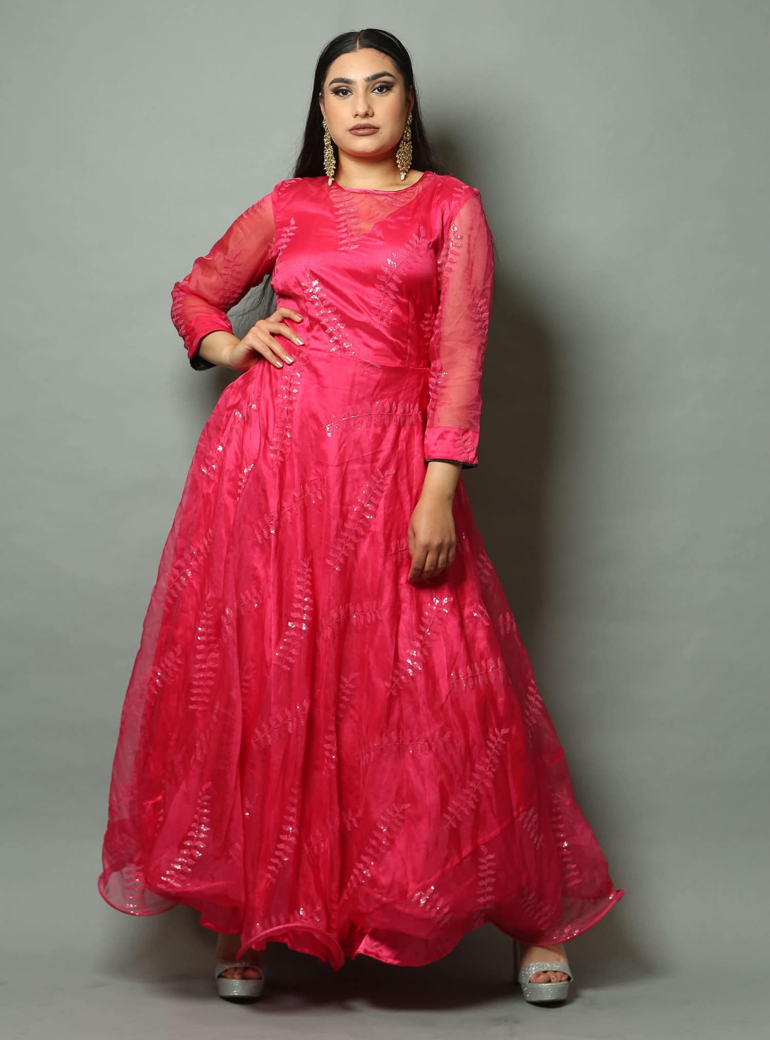 Pink Gown in Organza with Embroidered Work for Woman - Anvi Couture