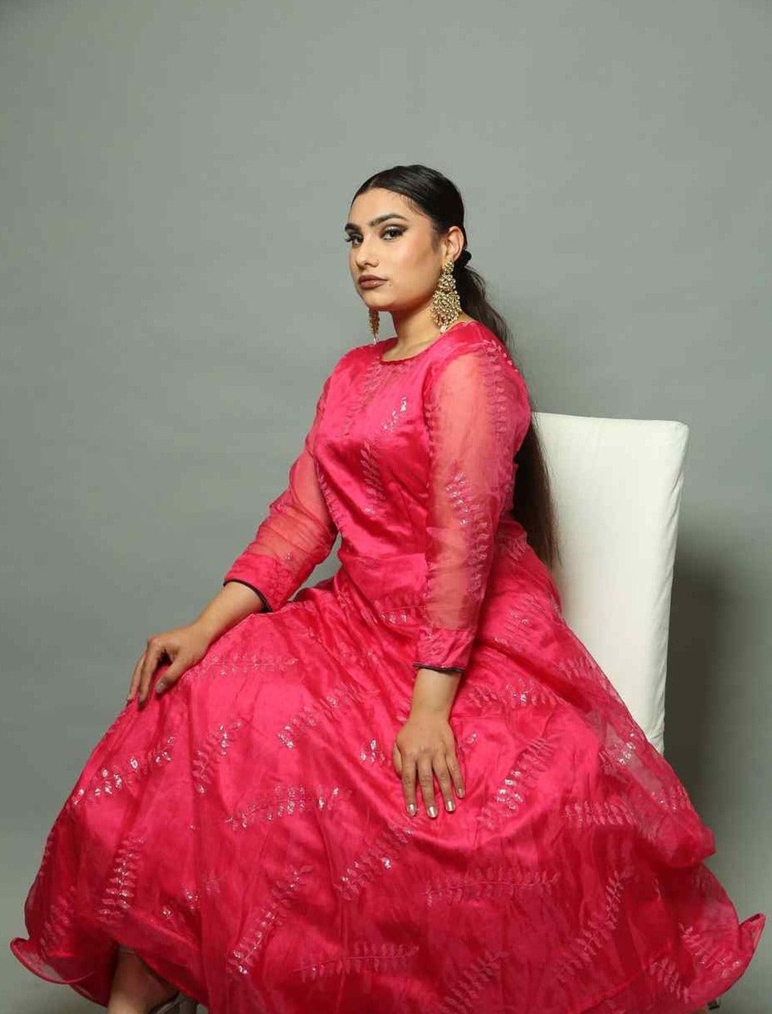 Pink Gown in Organza with Embroidered Work for Woman - Anvi Couture