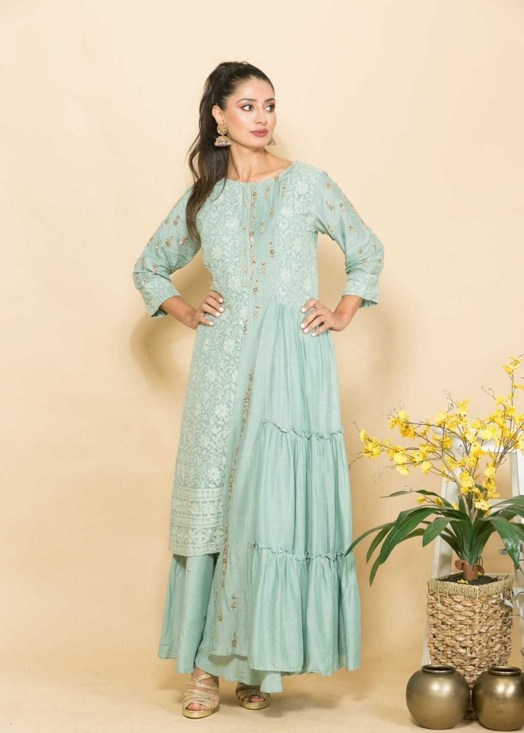 Light Blue Elegant Embroidered Designer Fusion Dress