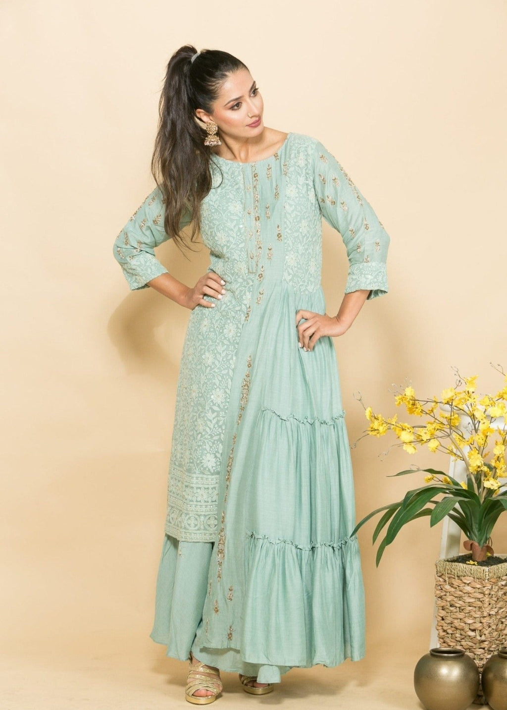 Light Blue Elegant Embroidered Designer Fusion Dress
