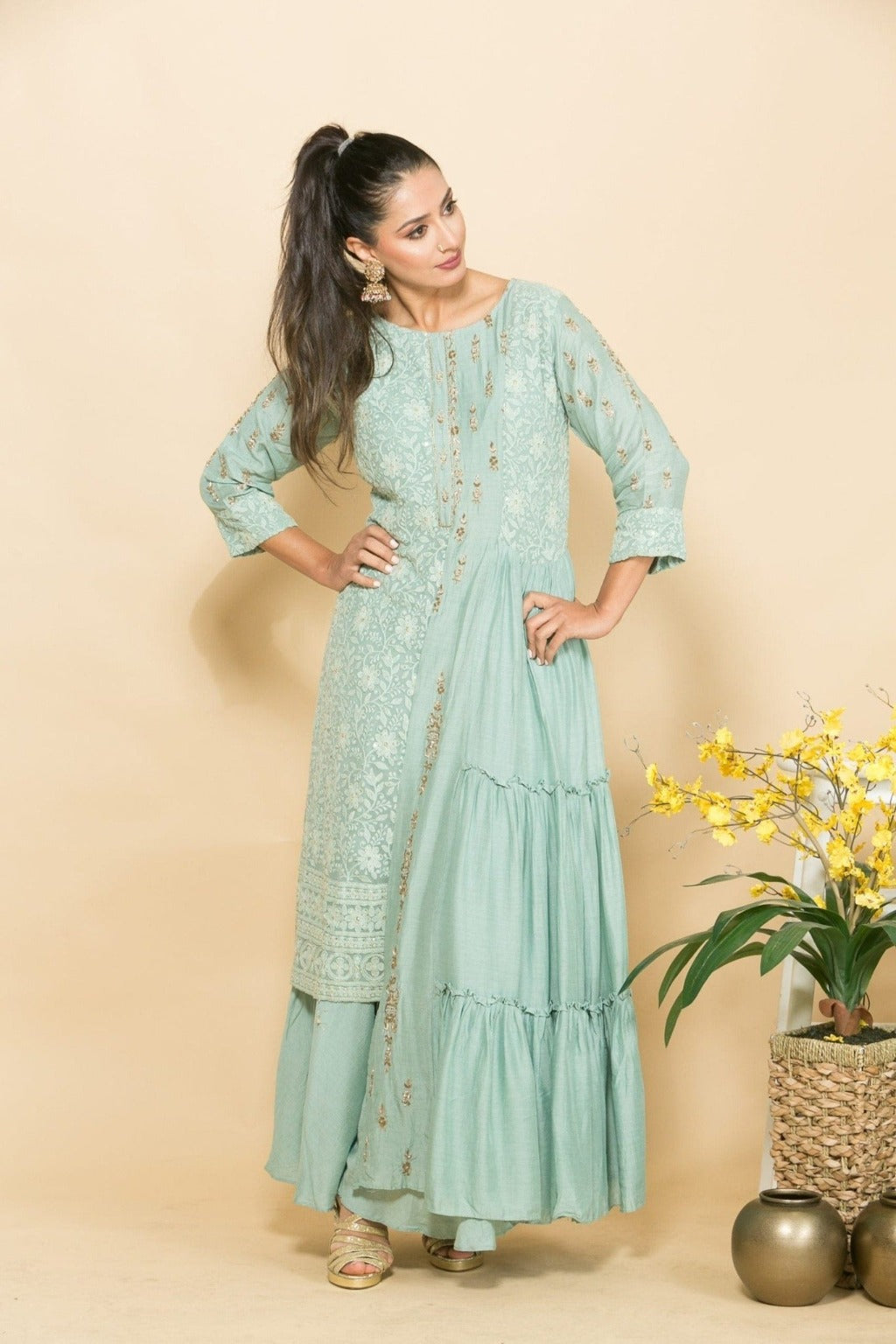Light Blue Elegant Embroidered Designer Fusion Dress