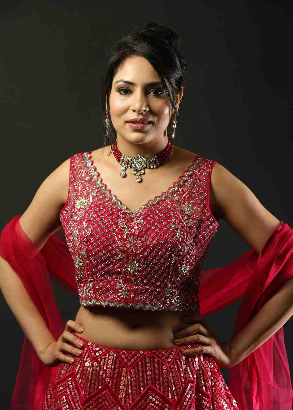 Fuchsia Pink Bridal Embroidered Net Lehenga