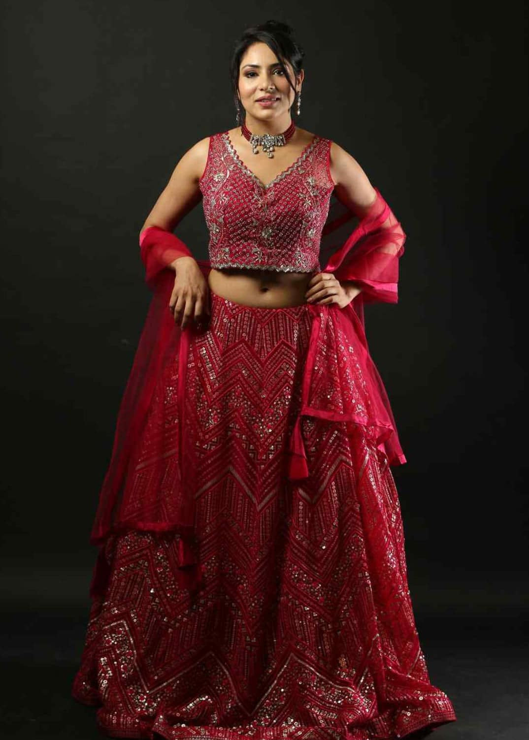 Fuchsia Pink Bridal Net Lehenga With Heavy Embroidery Work