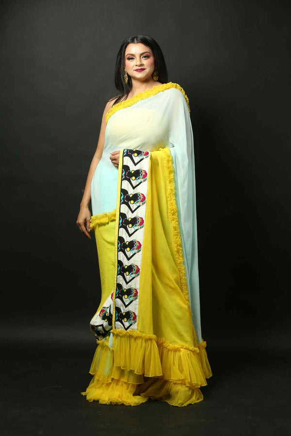 Georgette Designer Ruffle Saree with Handwoven Tribal Work