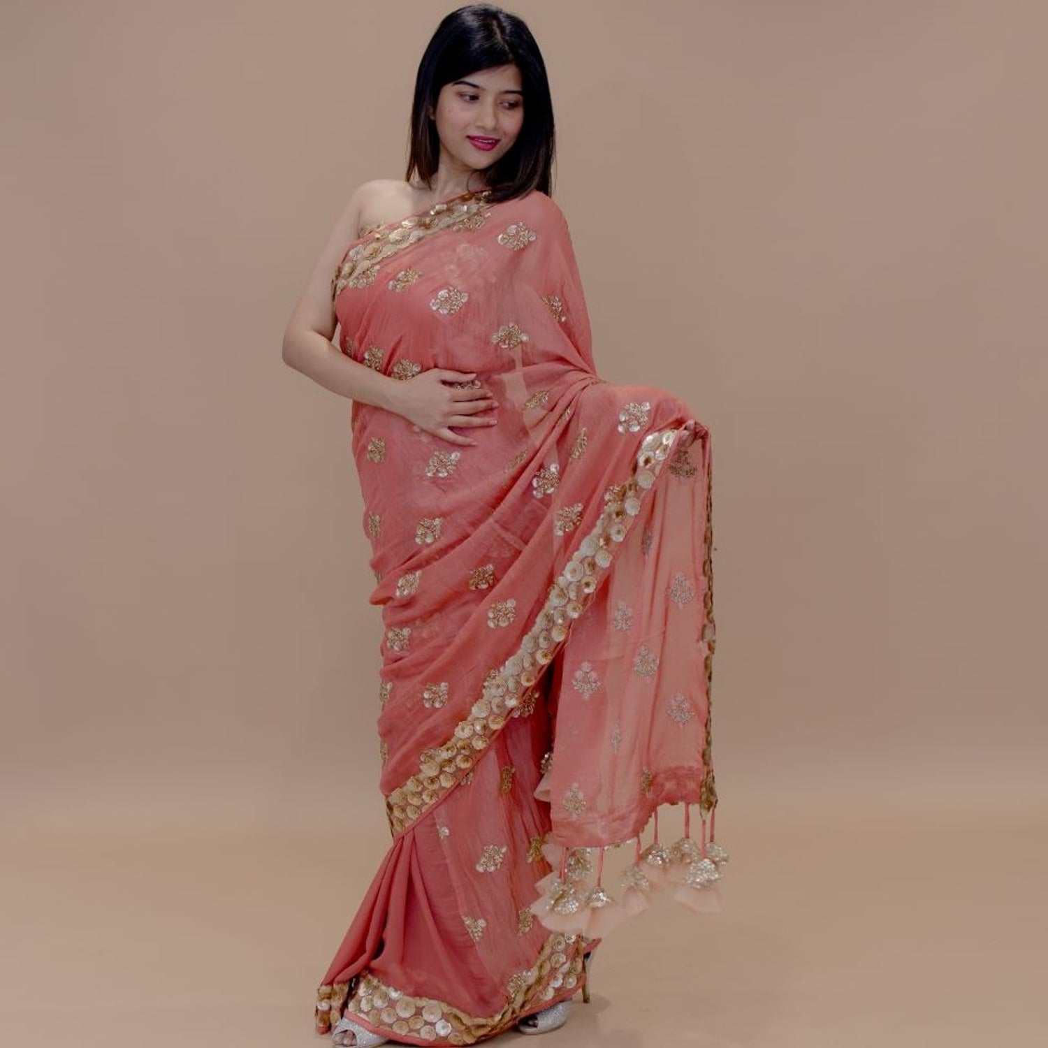 Georgette Designer Saree with Gota Patti Floral Work and Tassels-Front