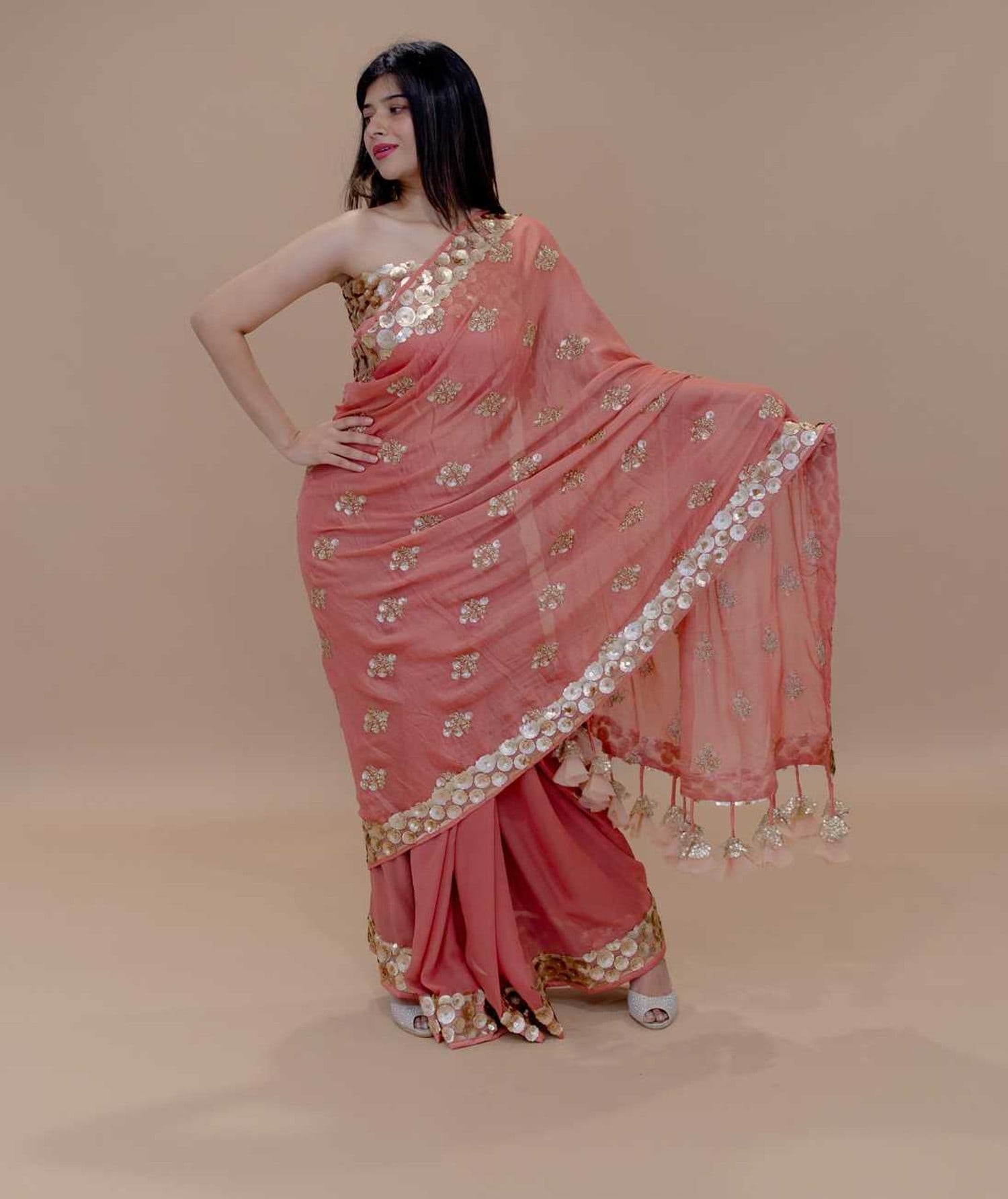 Georgette Designer Saree with Gota Patti Floral Work and Tassels -Saree Work