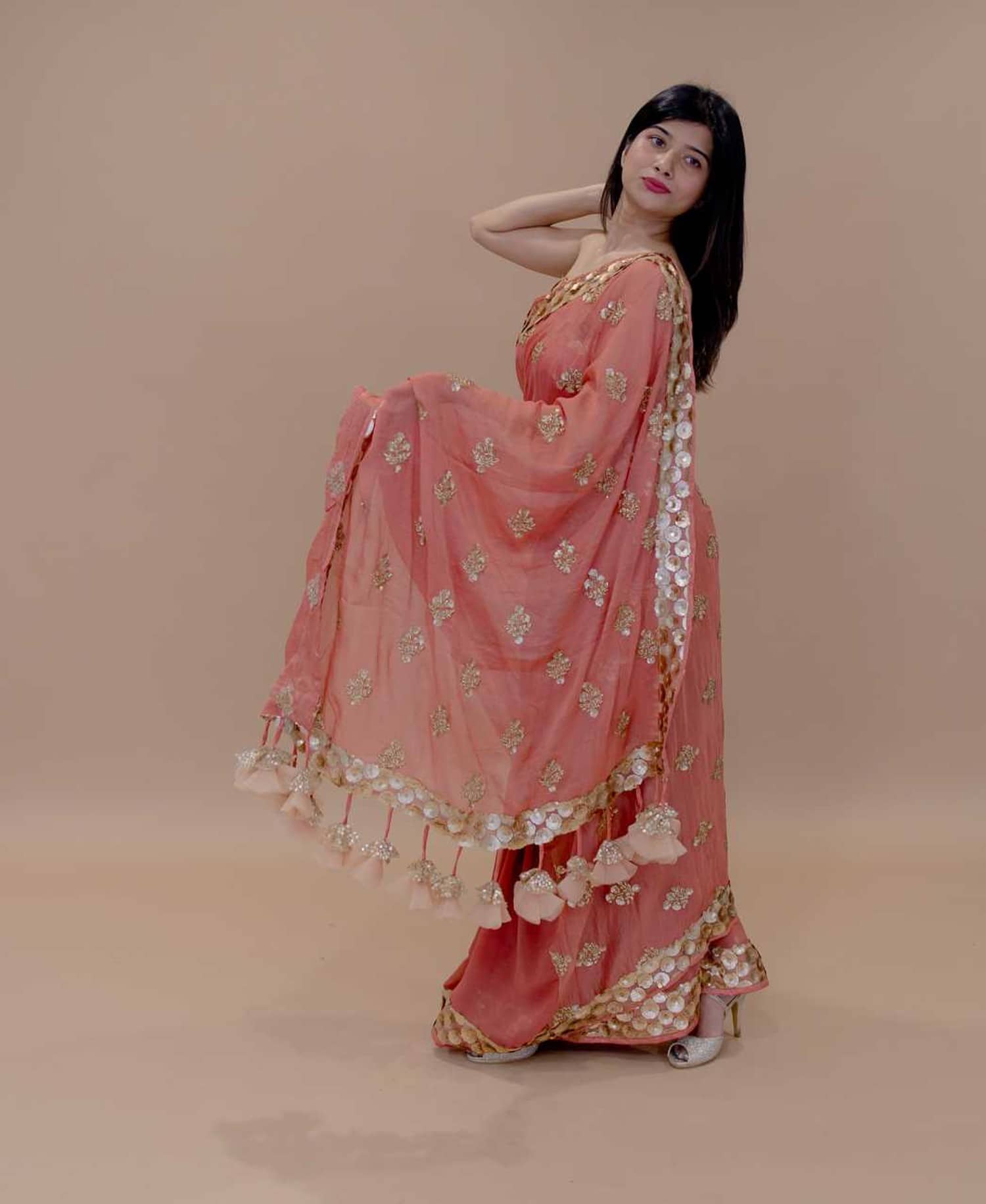 Georgette Designer Saree with Gota Patti Floral Work and Tassels -Pallu
 