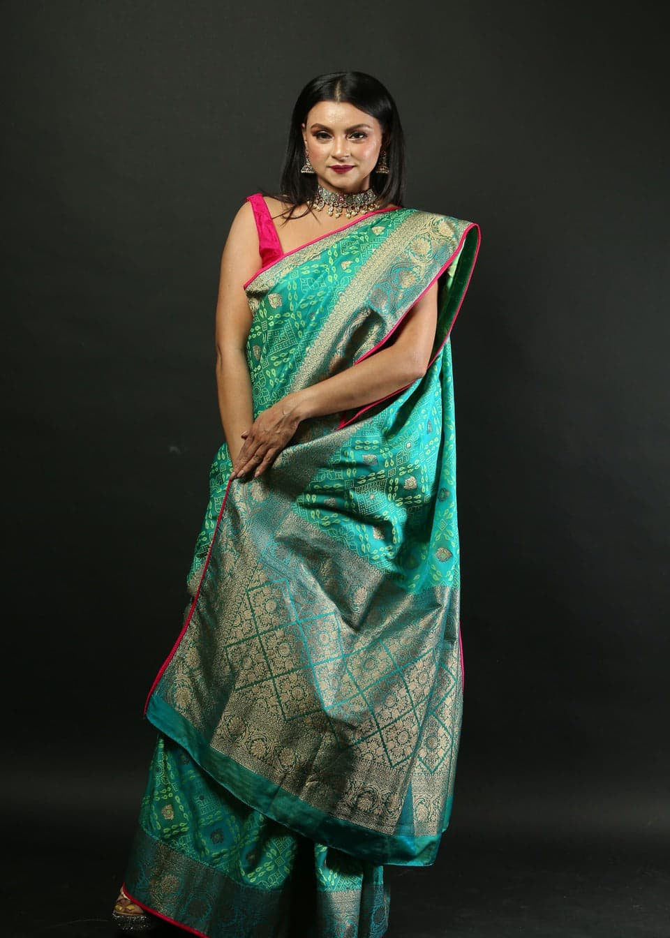 Green Brocade Banarasi Silk Saree with Heavy Border - Image 3