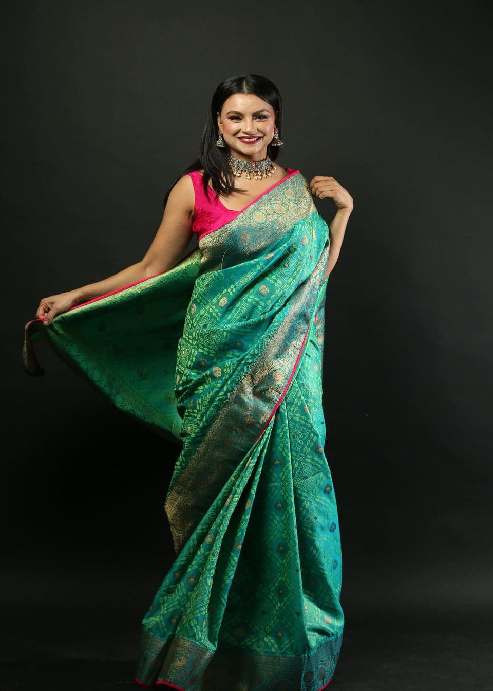 Green Brocade Banarasi Silk Saree with Heavy Border - Image 2