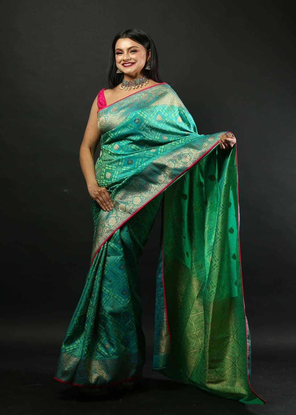 Green Brocade Banarasi Silk Saree with Heavy Border -Front