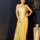 Green Pure Crepe Saree with Sequin and Stonework - Anvi Couture
