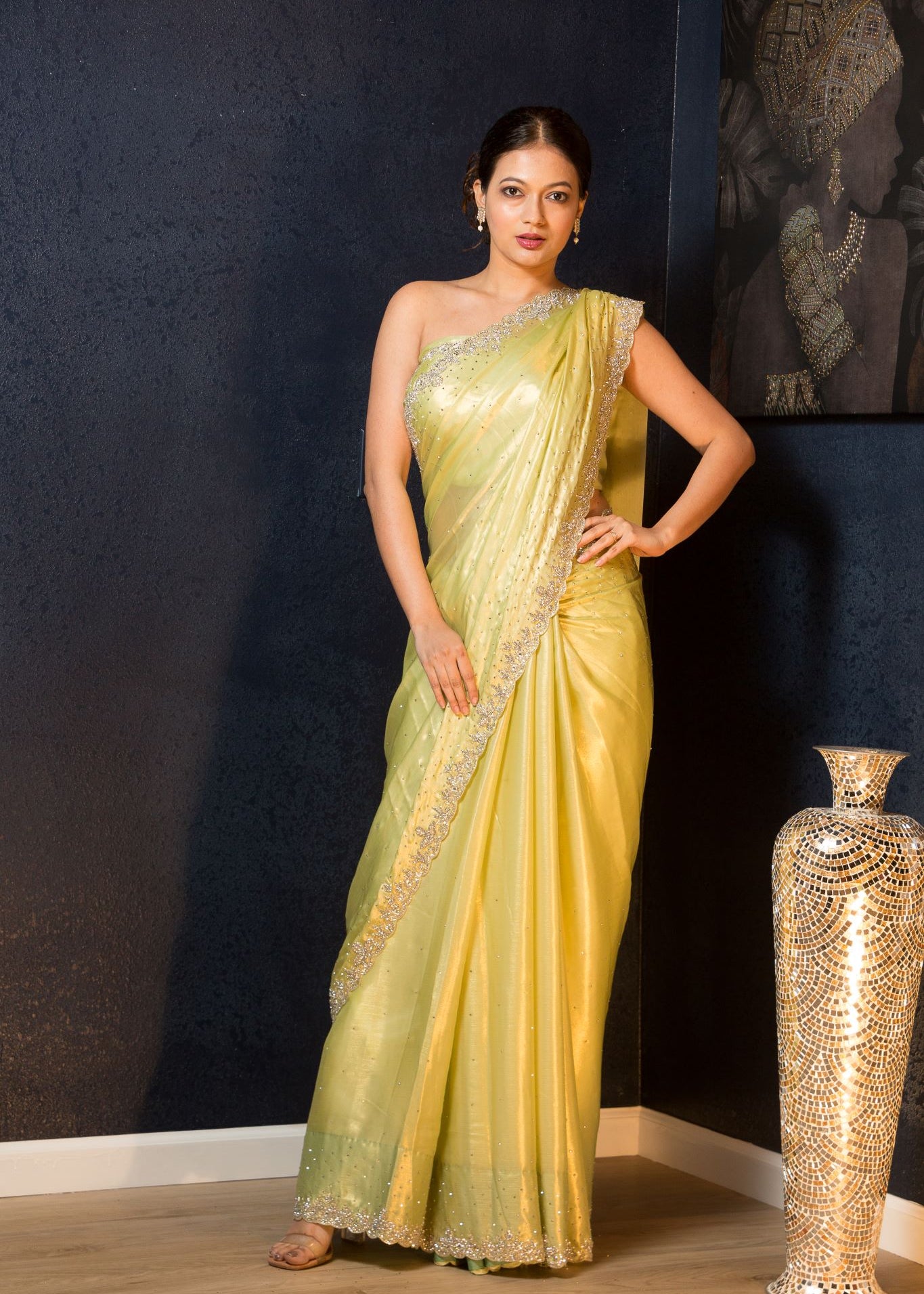 Green Pure Crepe Saree with Sequin and Stonework - Anvi Couture
