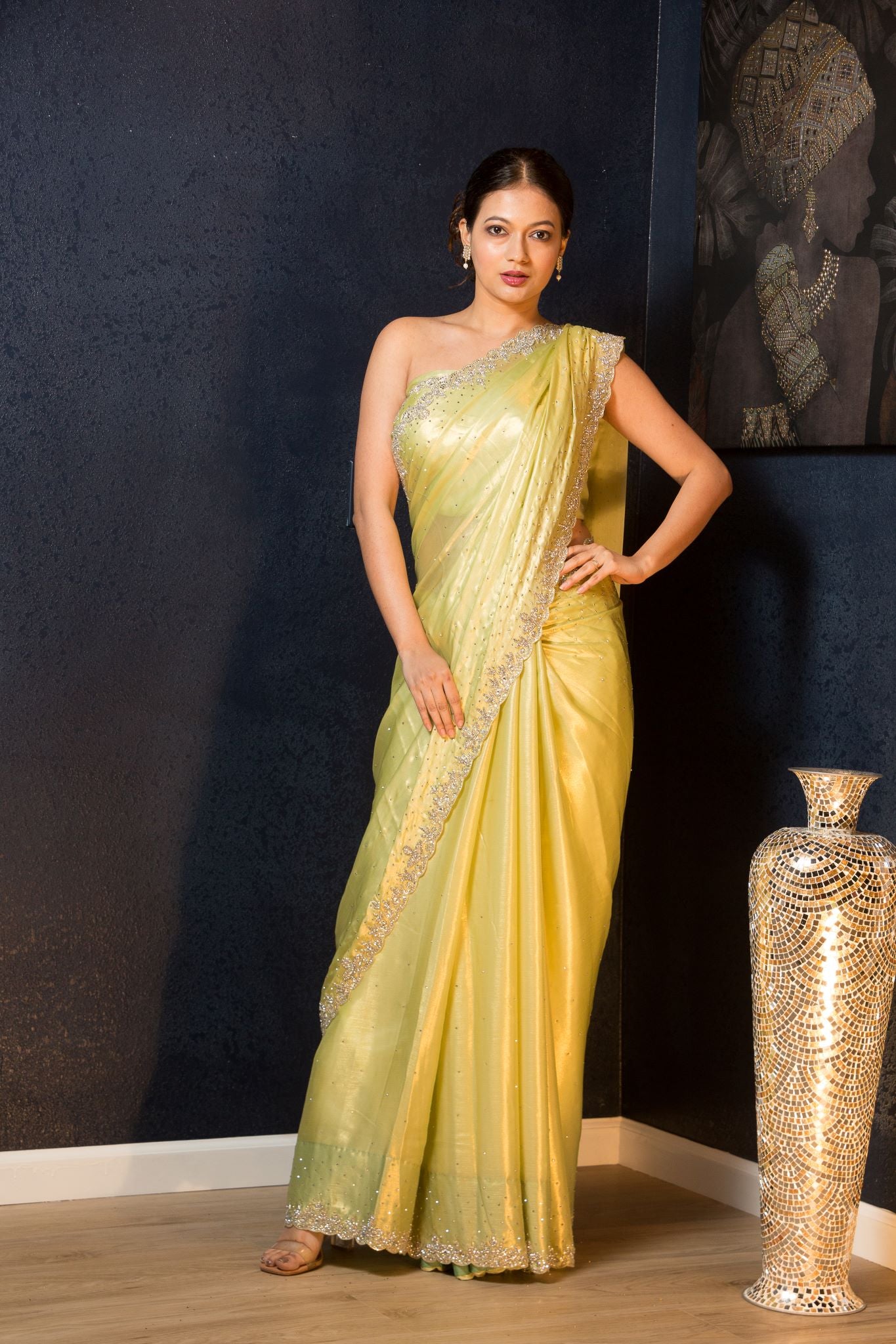 Green Pure Crepe Saree with Sequin and Stonework - Anvi Couture
