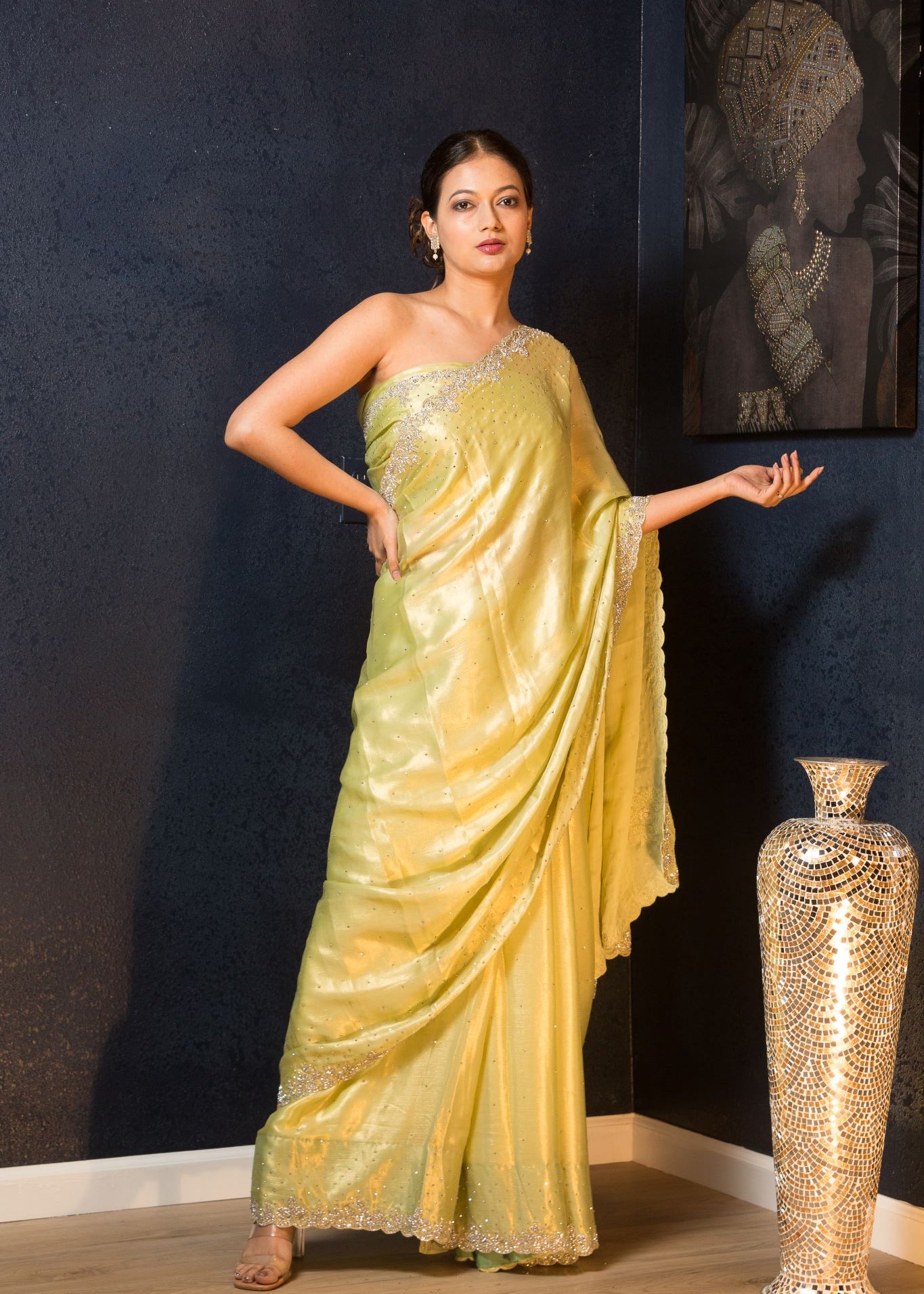 Green Pure Crepe Saree with Sequin and Stonework - Anvi Couture
