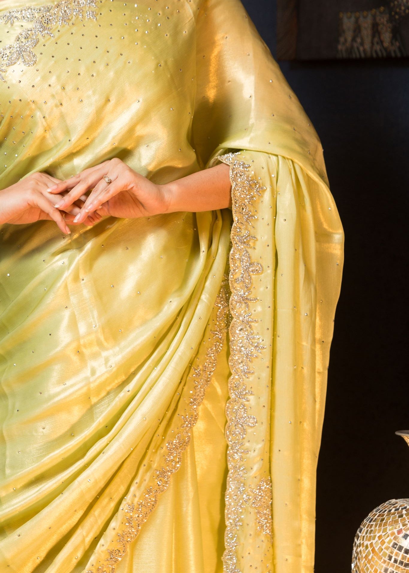 Green Pure Crepe Saree with Sequin and Stonework - Anvi Couture
