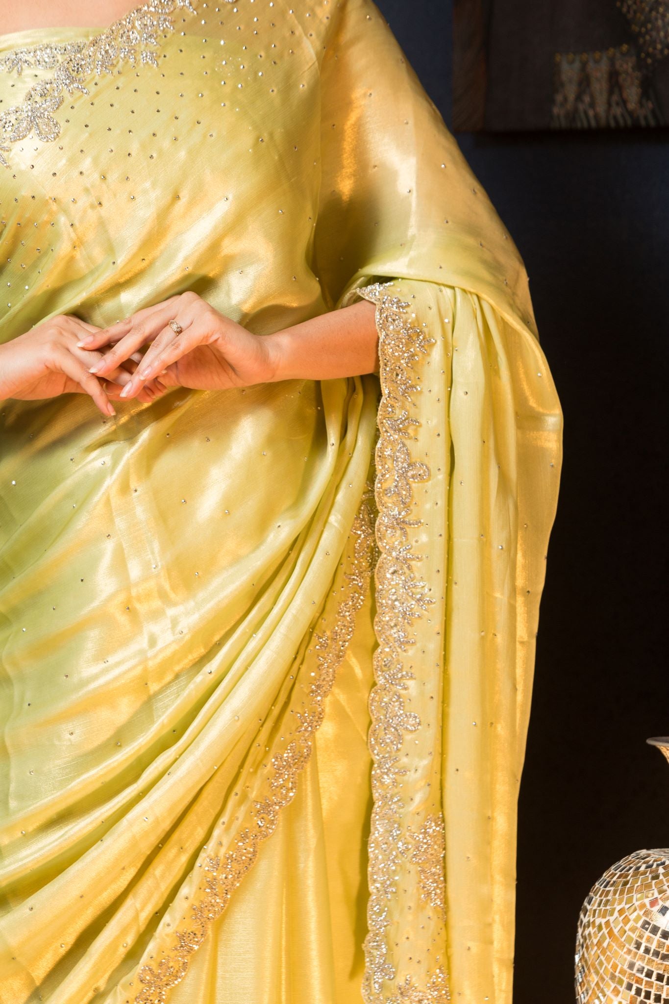 Green Pure Crepe Saree with Sequin and Stonework - Anvi Couture
