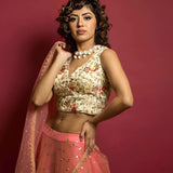 Peach Color Net Lehenga Set with Sequine and Embrodery Work - Anvi Couture