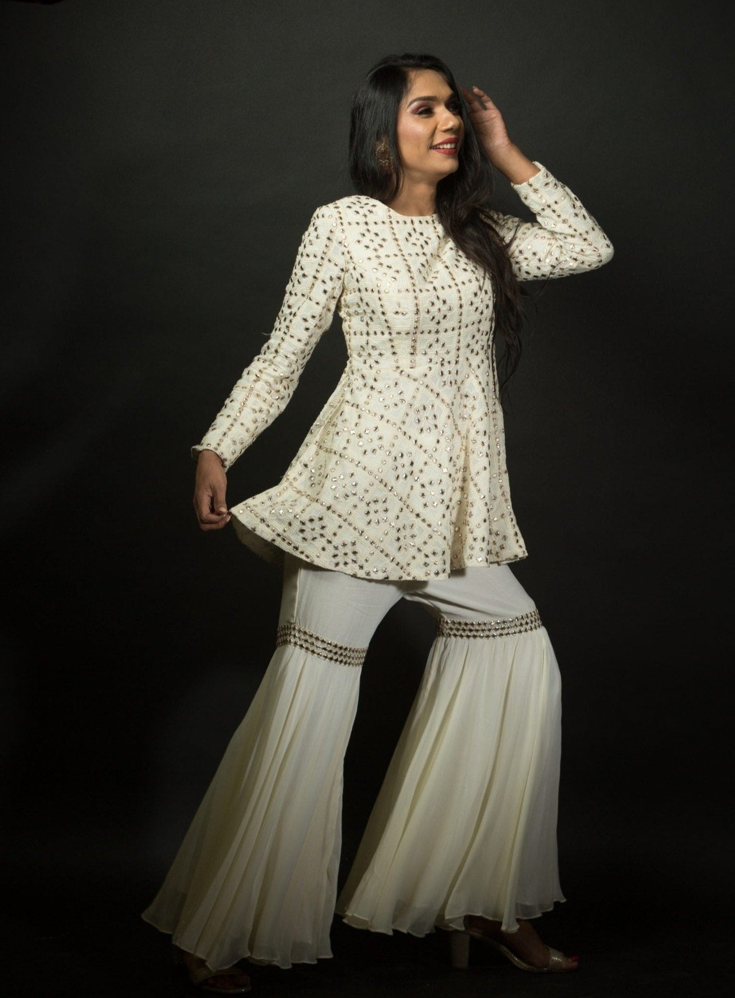 White Chikankari Sharara Set in Georgette Embroidered work - Anvi Couture