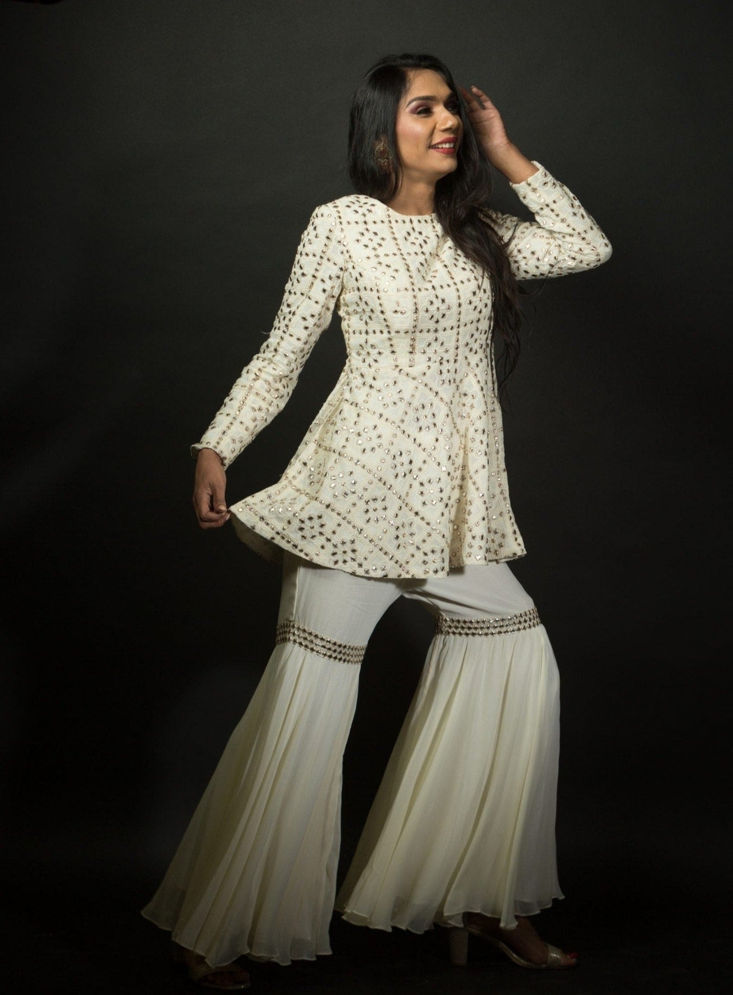 White Chikankari Sharara Set in Georgette Embroidered work - Anvi Couture