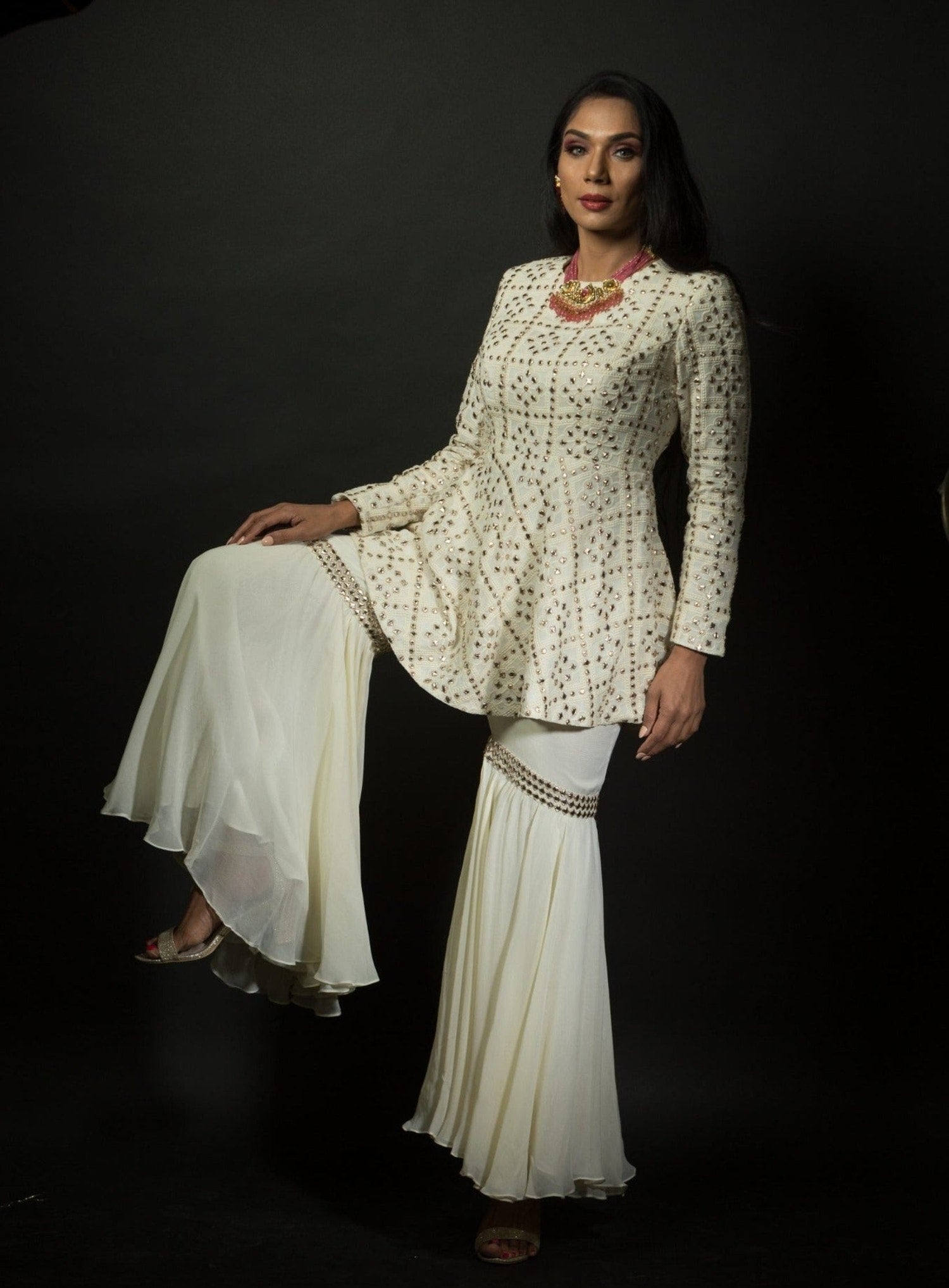 White Chikankari Sharara Set in Georgette Embroidered work - Anvi Couture