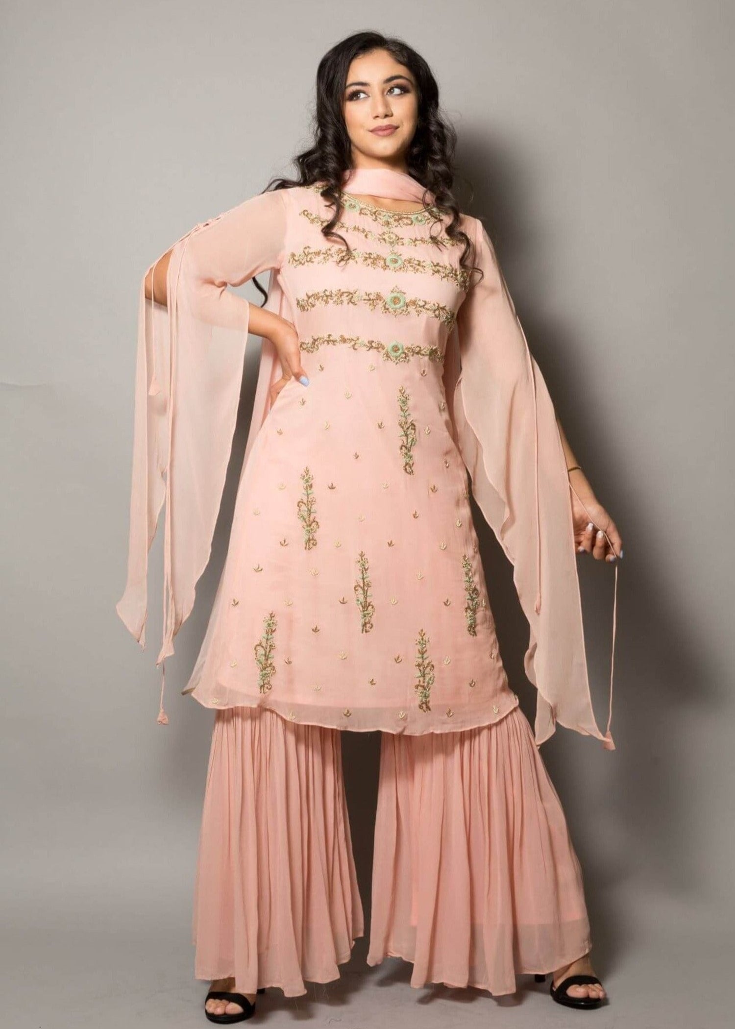 Peach Designer Embroidered Sharara Set - Anvi Couture