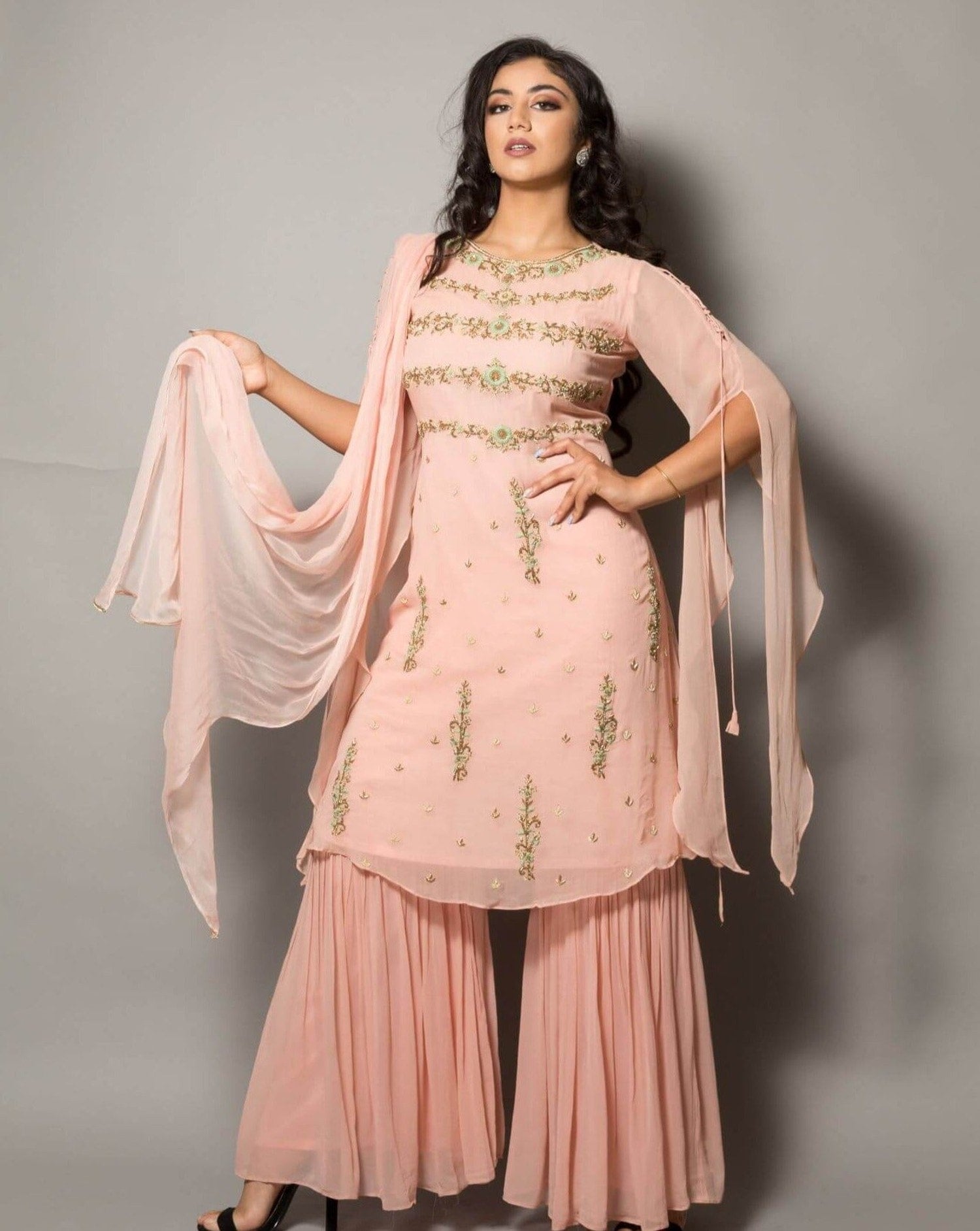 Peach Designer Embroidered Sharara Set - Anvi Couture