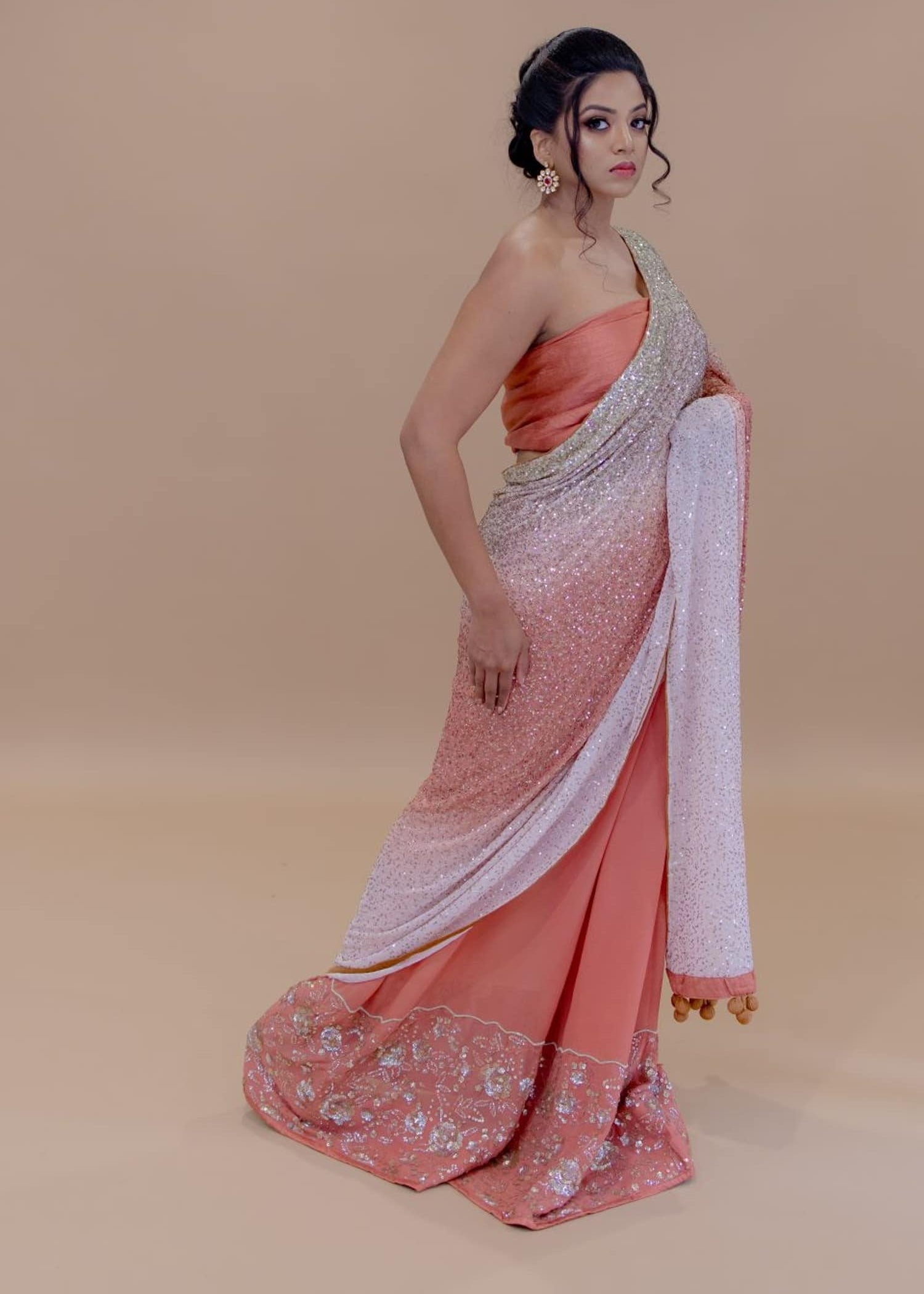 Peach and White Georgette Designer Saree With Sequin Work And Tassel Pallu - Anvi Couture
