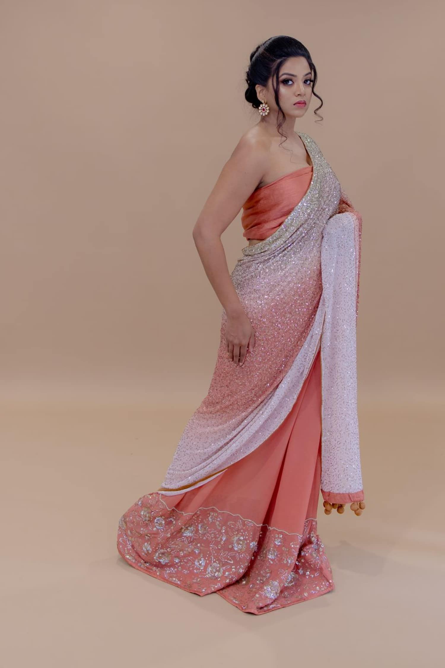 Peach and White Georgette Designer Saree With Sequin Work And Tassel Pallu - Anvi Couture