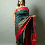 Peacock Green Silk Saree with Floral work along the Border -Front