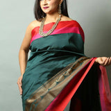 Peacock Green Silk Saree with Floral work along the Border -Close
