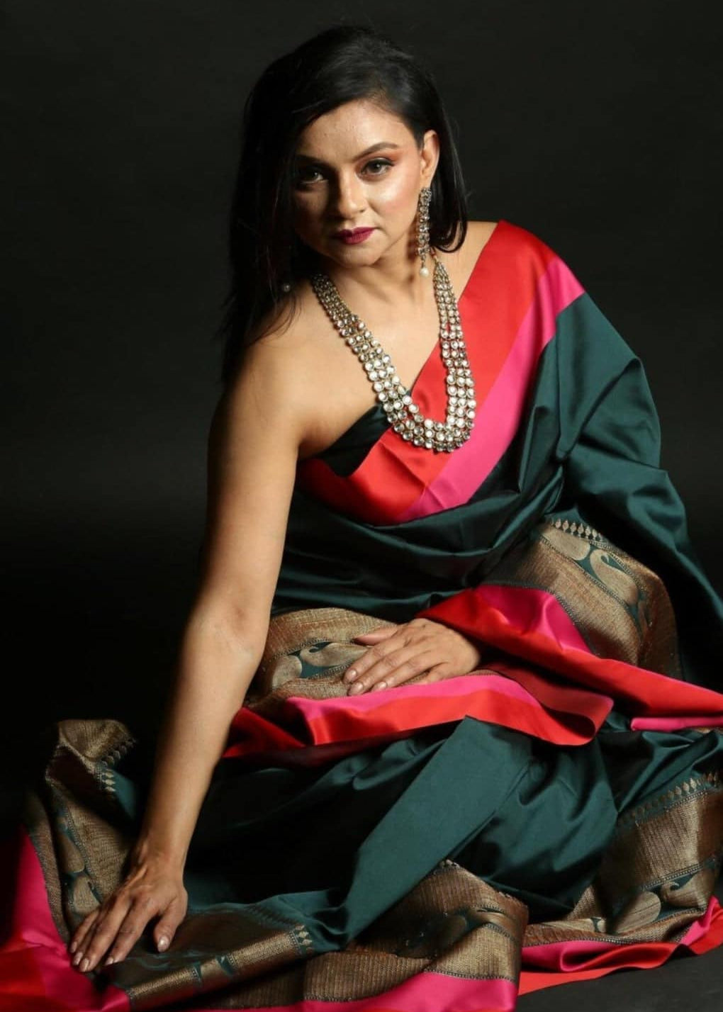 Peacock Green Silk Saree with Floral work along the Border -Saree Border
