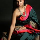 Peacock Green Silk Saree with Floral work along the Border -Saree Border
