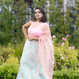 Pink and Green Printed Lehenga Set with Sequin Top