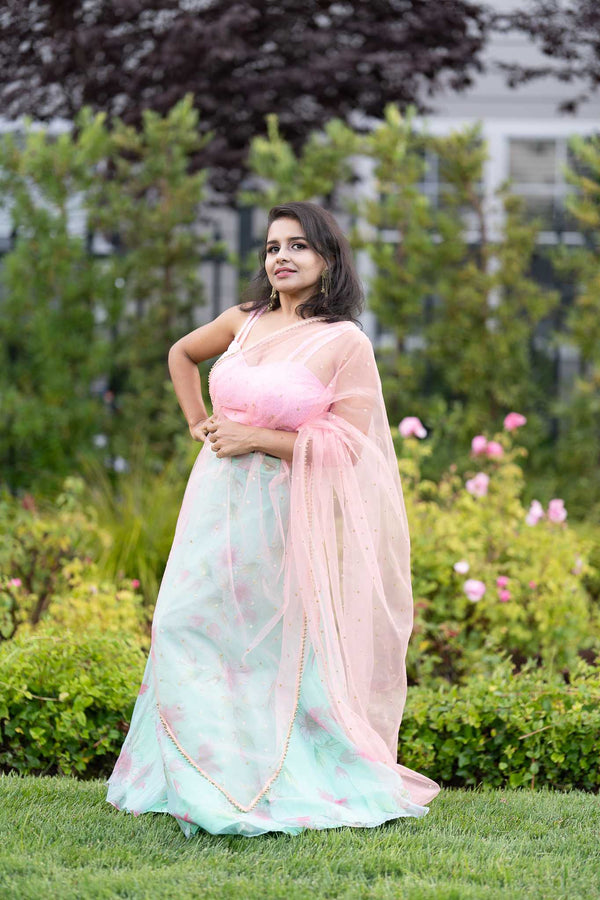Pink and Green Printed Lehenga Set with Sequin Top