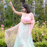 Pink and Green Printed Lehenga Set with Sequin Top