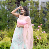 Pink and Green Printed Lehenga Set with Sequin Top